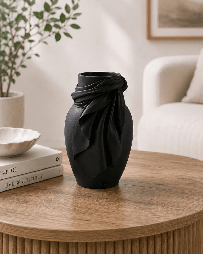 Matte Black Sculpted Draped Fabric Flower Vase