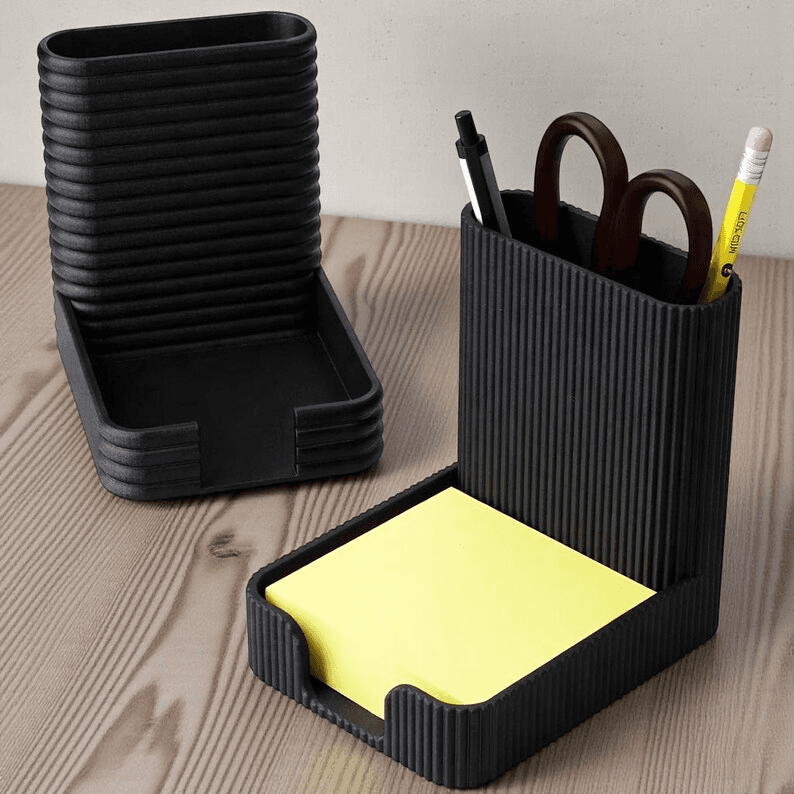 Black Ribbed Desk Organizer with Sticky Note Tray
