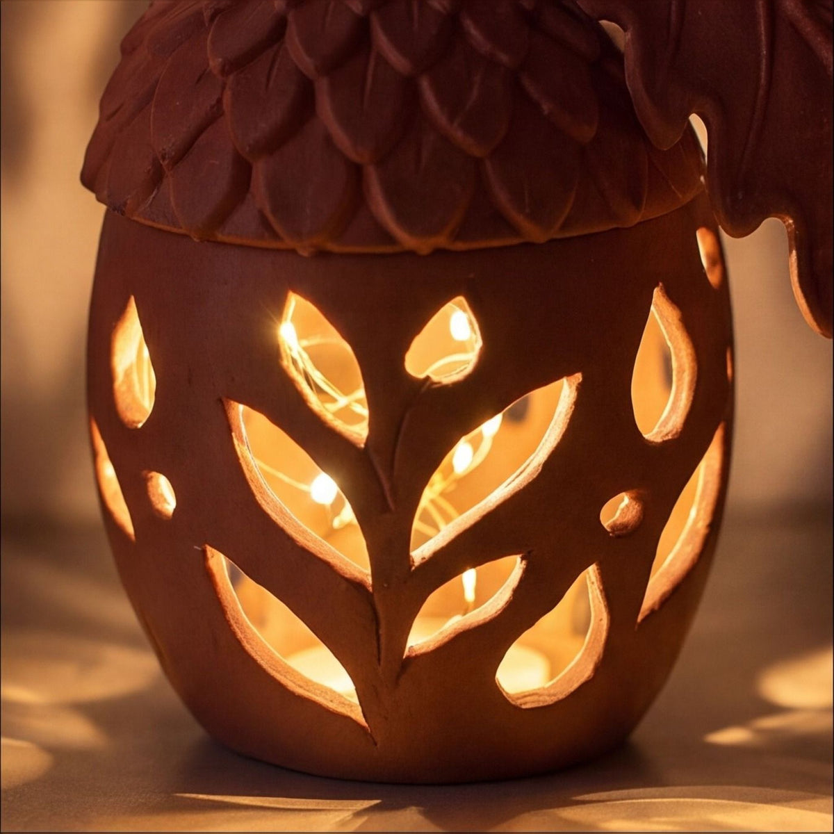 Acorn Lantern with Oak Leaf – Autumn LED Nature Light Decor