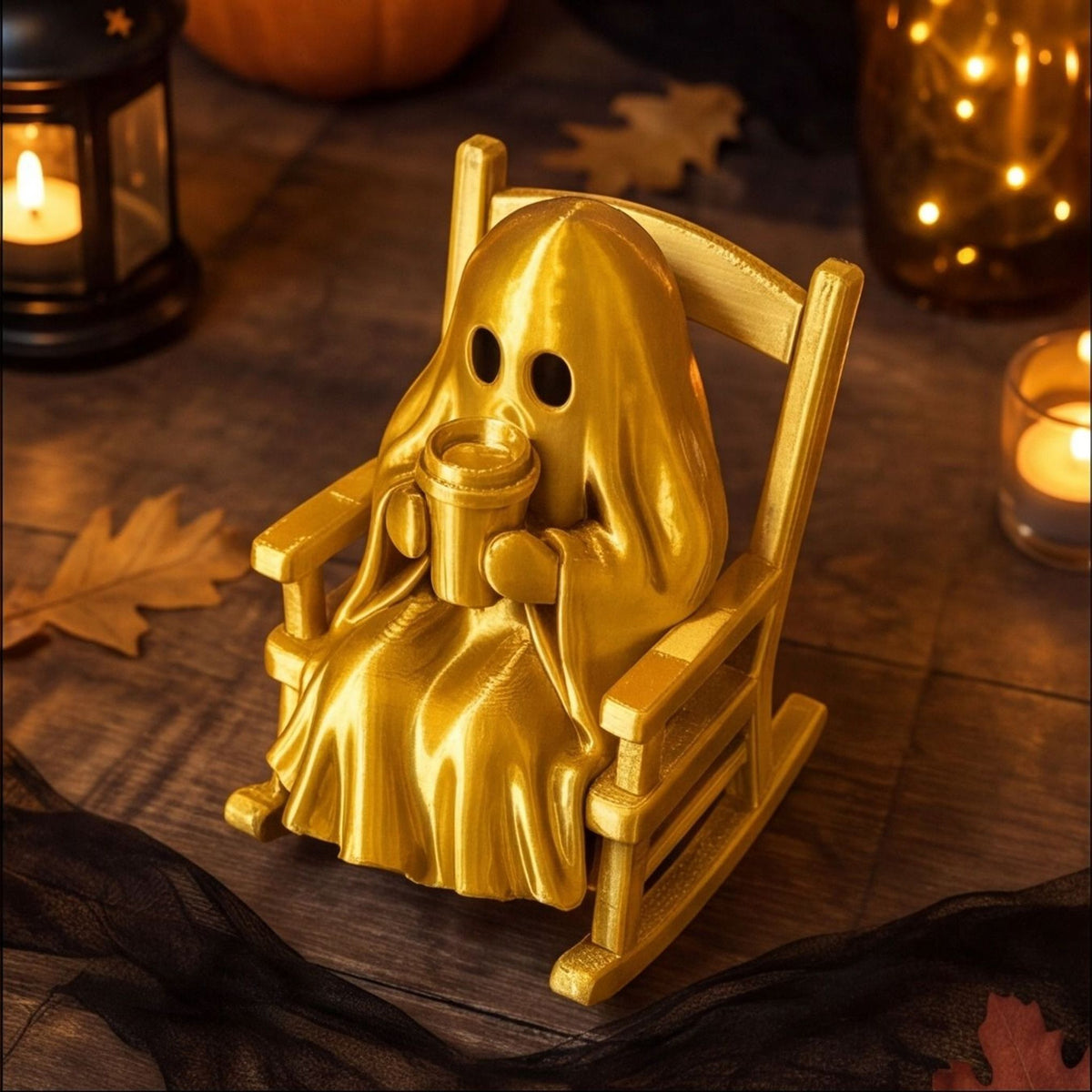 Cozy Ghost in a Rocking Chair Cute Halloween Desk Figurine