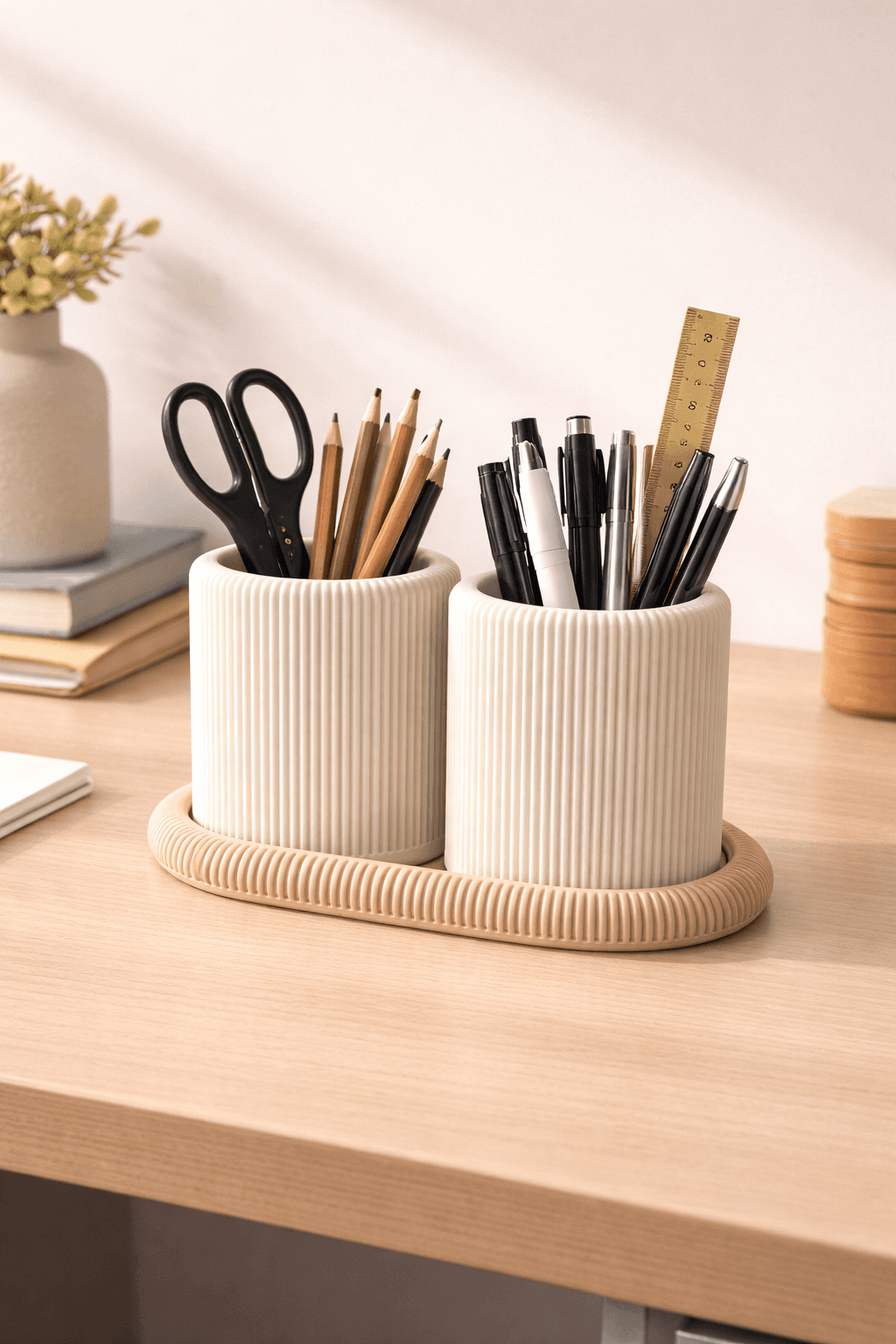 Ribbed Vase-Style Desk Organiser & Pen Holder Set