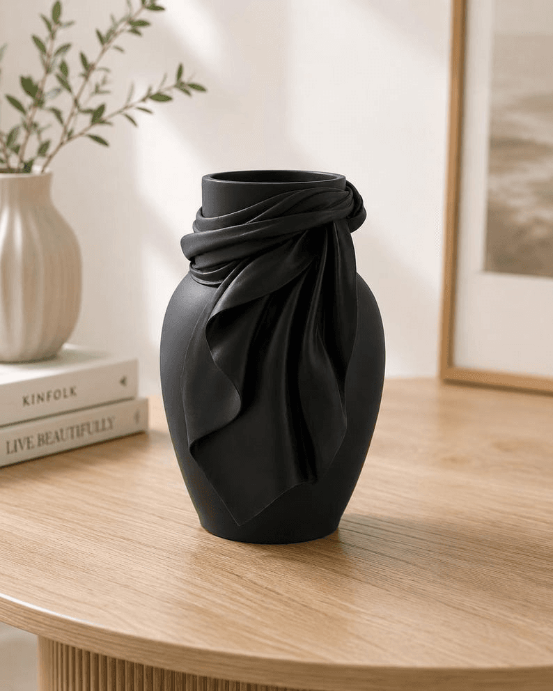 Matte Black Sculpted Draped Fabric Flower Vase