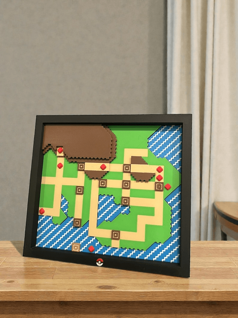 Johto & Kanto Inspired Raised Relief Map Fan Art Decor