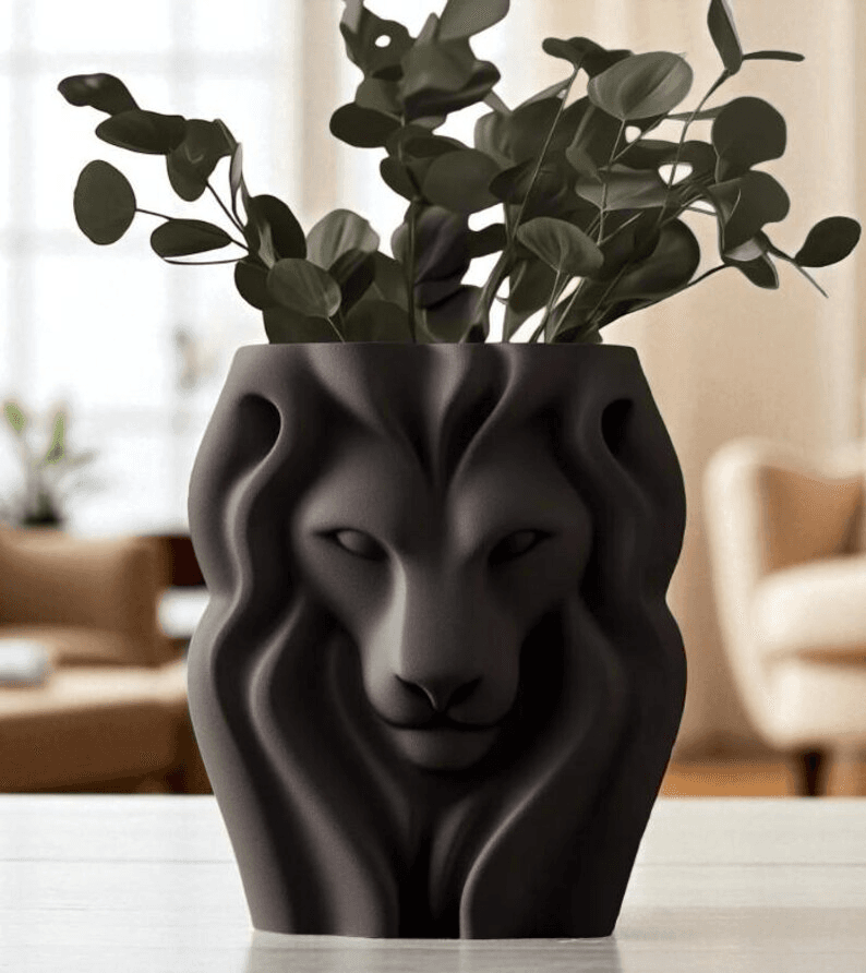Regal Lion Head Flower Vase – Matte Black Home Decor Planter