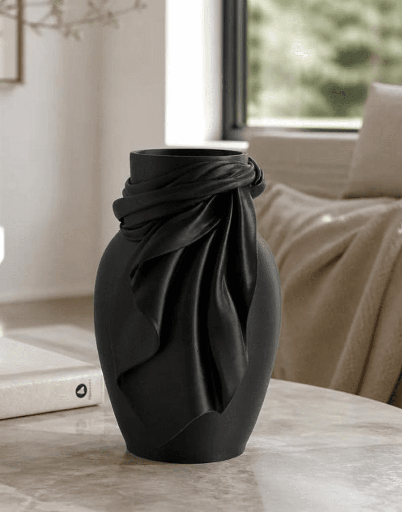 Matte Black Sculpted Draped Fabric Flower Vase