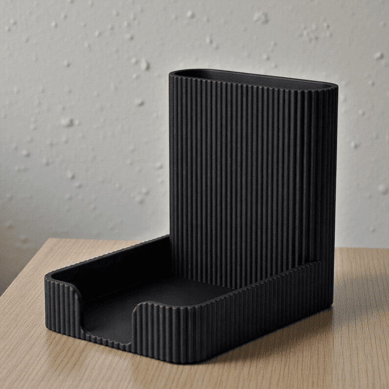 Black Ribbed Desk Organizer with Sticky Note Tray