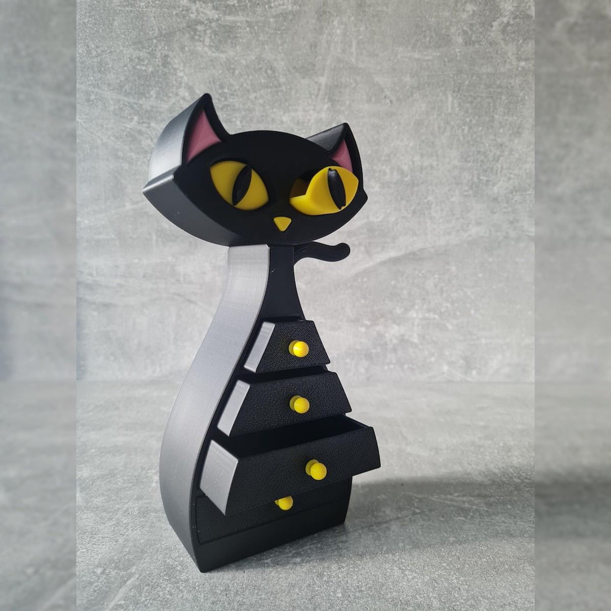 Gothic Black Cat Jewelry Box with Mini Drawers