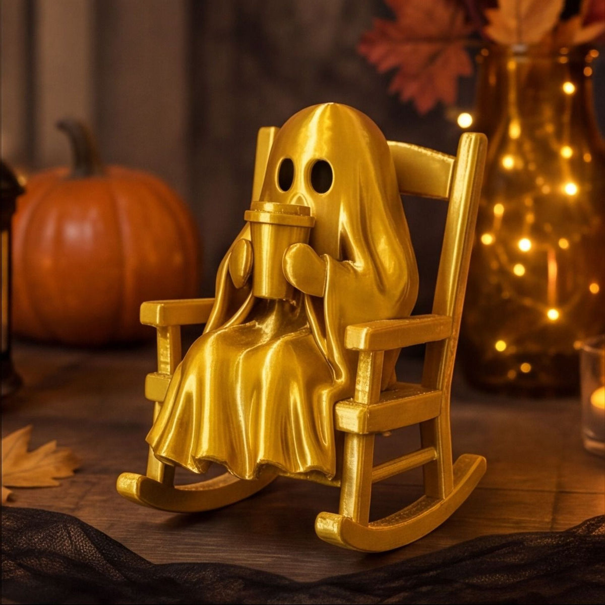Cozy Ghost in a Rocking Chair Cute Halloween Desk Figurine