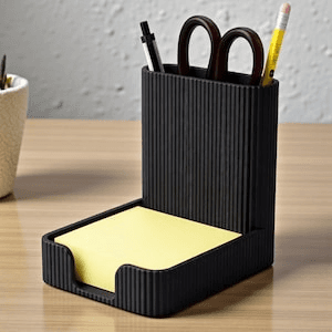 Black Ribbed Desk Organizer with Sticky Note Tray