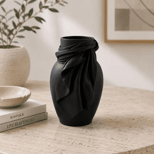 Matte Black Sculpted Draped Fabric Flower Vase