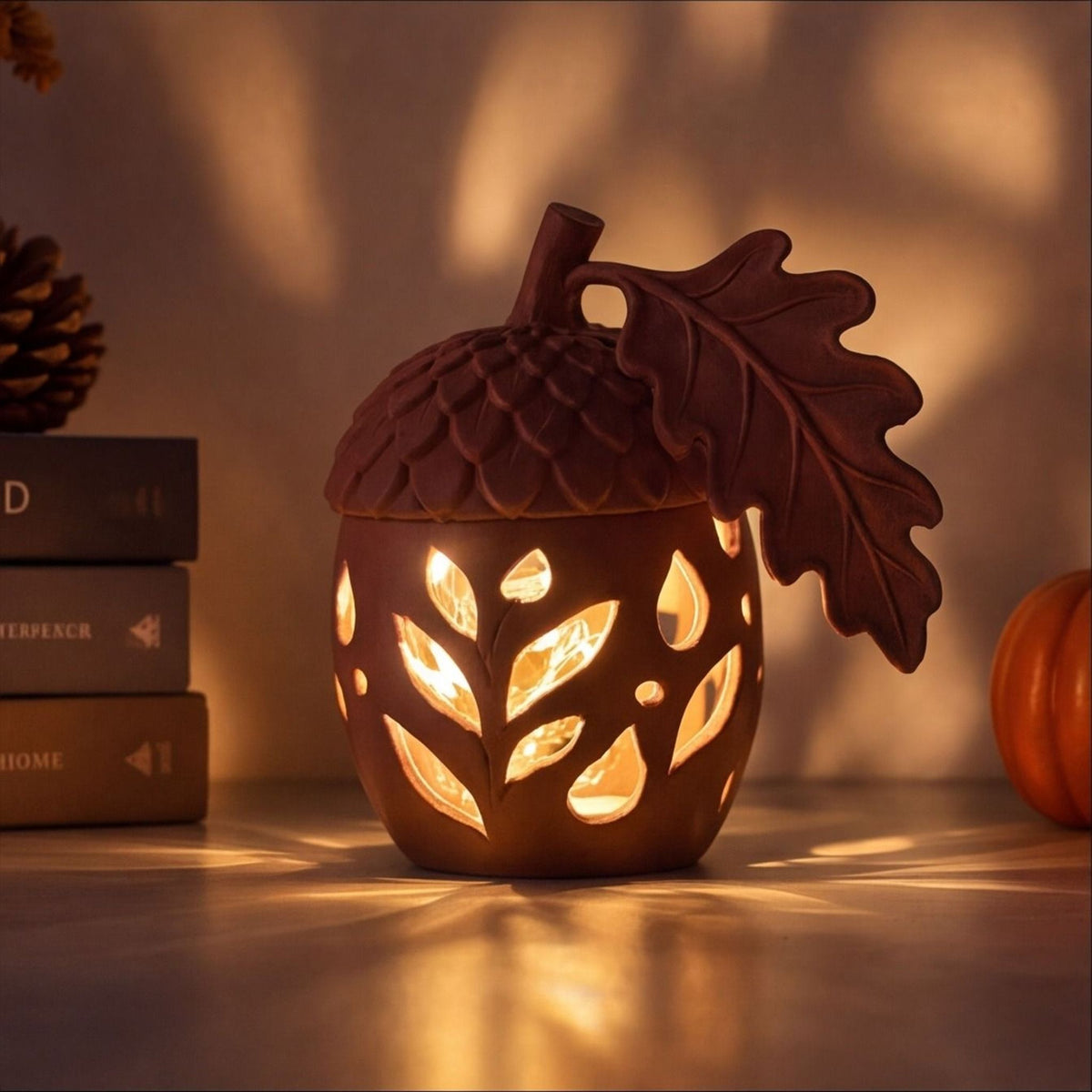 Acorn Lantern with Oak Leaf – Autumn LED Nature Light Decor