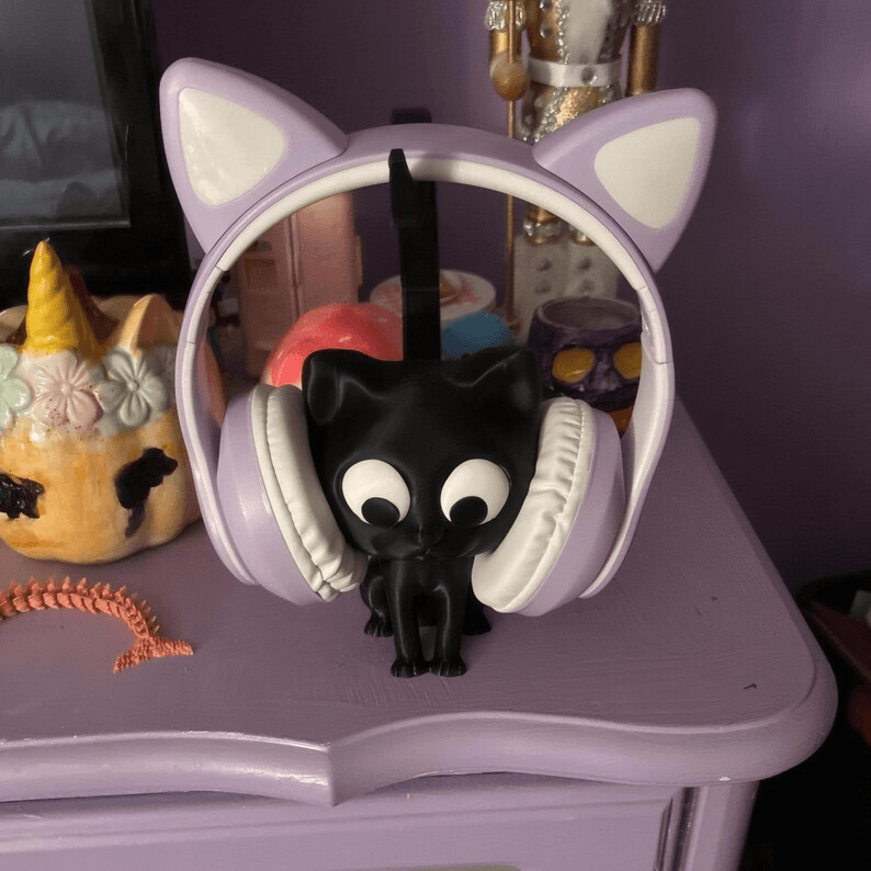 Cute Black Cat Headphone Stand | Cartoon Desk Holder