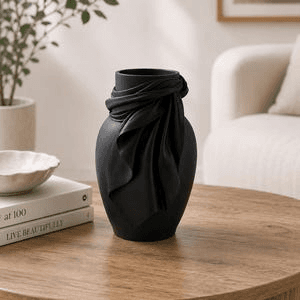 Matte Black Sculpted Draped Fabric Flower Vase
