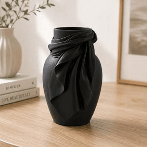 Matte Black Sculpted Draped Fabric Flower Vase