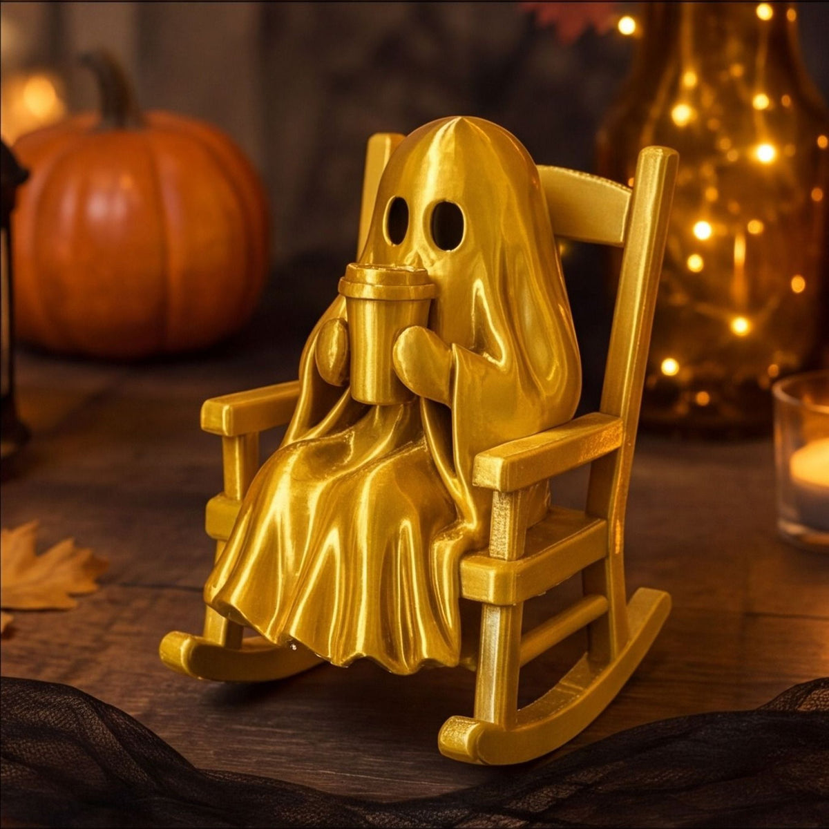 Cozy Ghost in a Rocking Chair Cute Halloween Desk Figurine