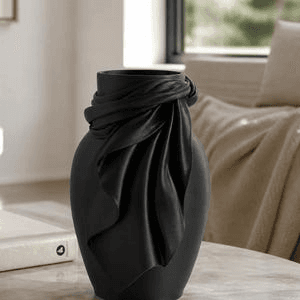 Matte Black Sculpted Draped Fabric Flower Vase