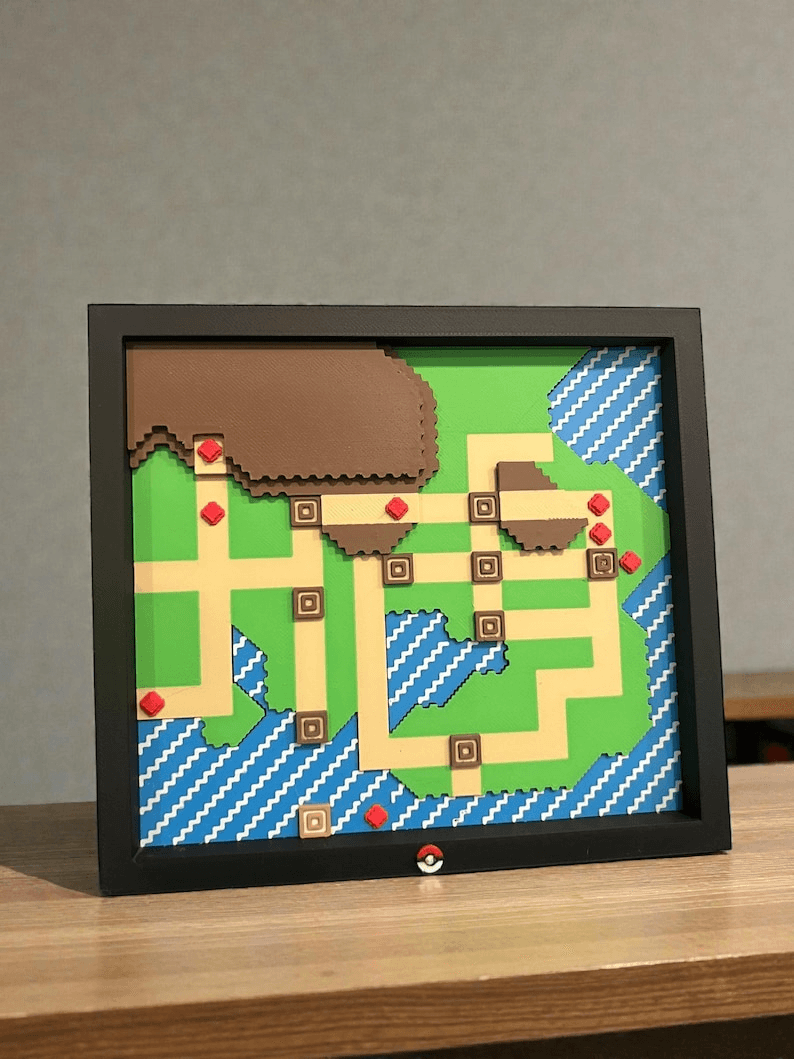 Johto & Kanto Inspired Raised Relief Map Fan Art Decor