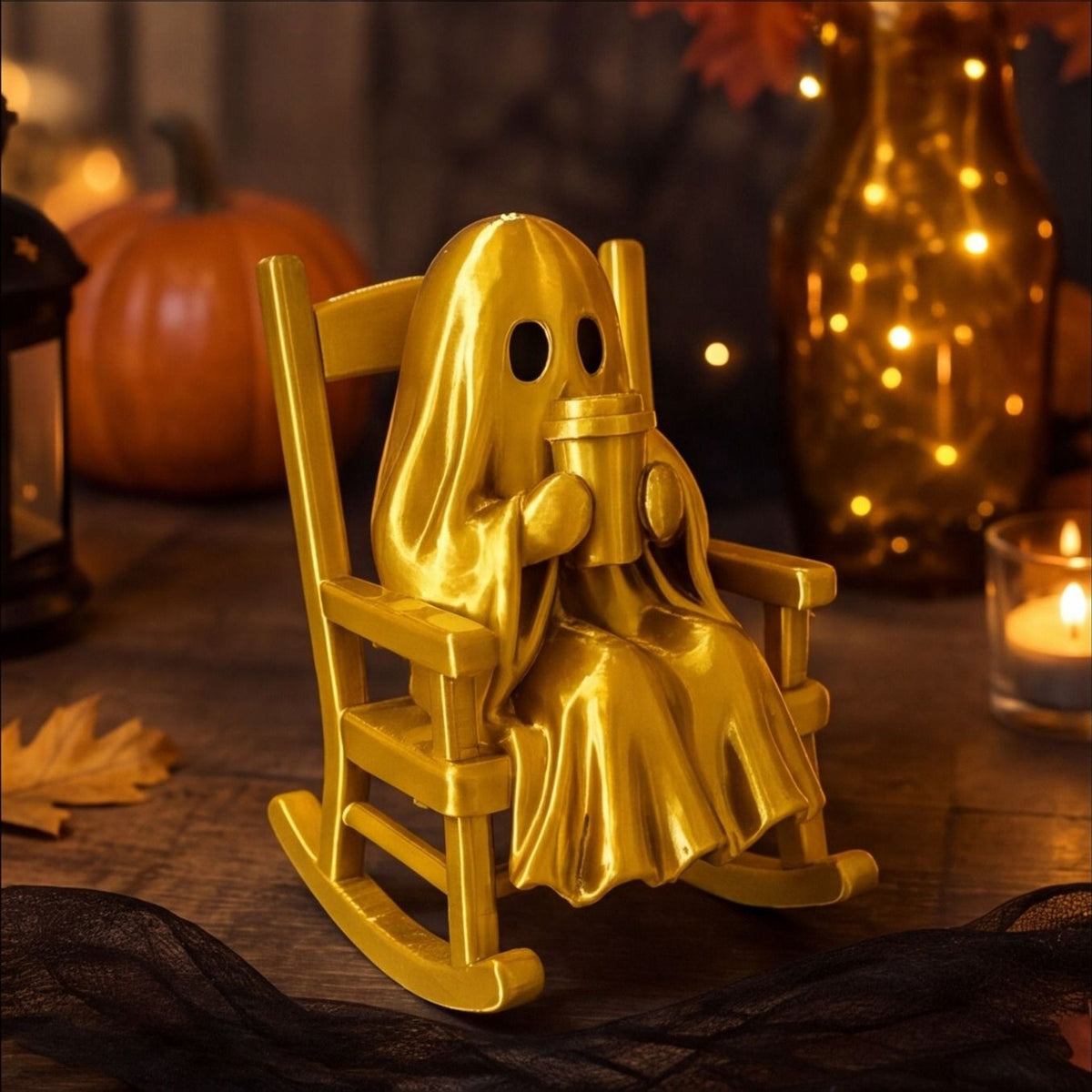 Cozy Ghost in a Rocking Chair Cute Halloween Desk Figurine