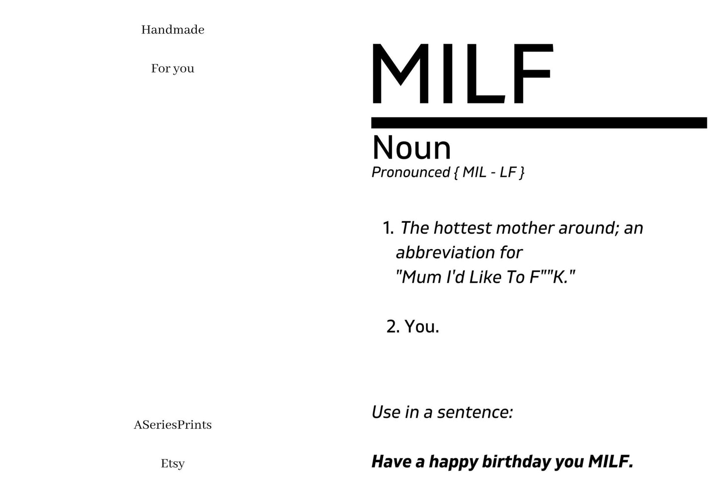 MILF Card | MILF Definition Card | Funny Birthday Card | Definition Card | Card For Her - ProfessorPrintsUK -